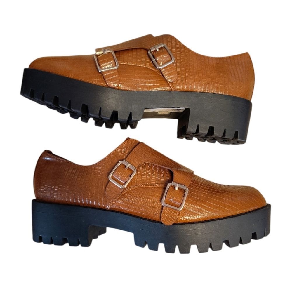 ASOS Brown Black Chunky Monk Shoes Size 8 Double Buckle Vegan Loafers